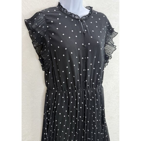 Les Serein Perla Black White Polka Dot Pleated Flutter Sleeve Dress Size L NWT - Picture 4 of 14